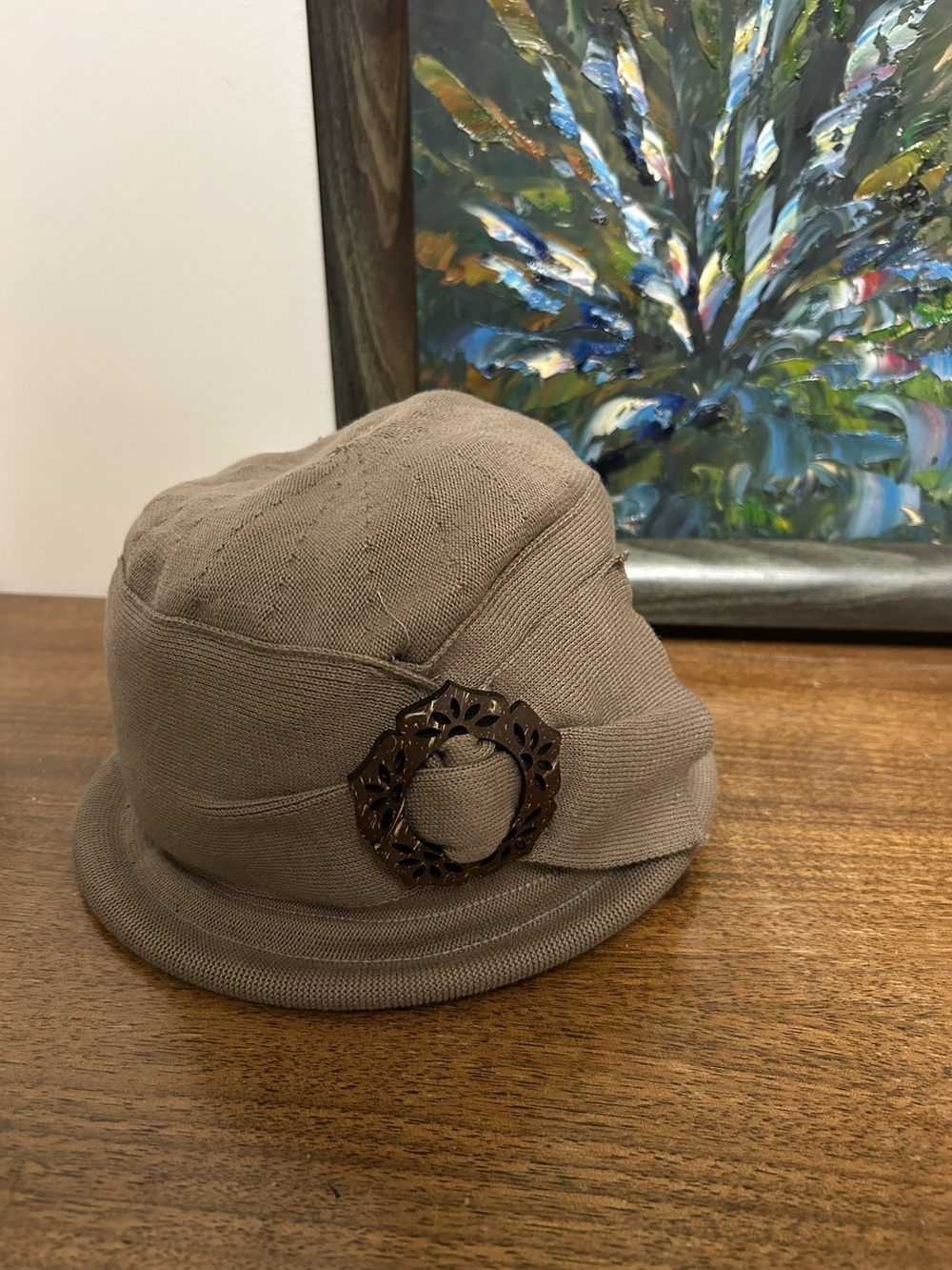 Parkhurst Canada Shelly Cloche Knit Hat Taupe Cotton Vintage Style with Buckle